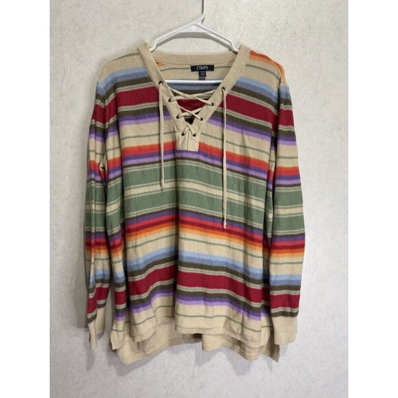 CHAPS Womens V-Neck Sweater Multi-Color Striped Long Sleeve Lace Up Rainbow 1X - Picture 1 of 9